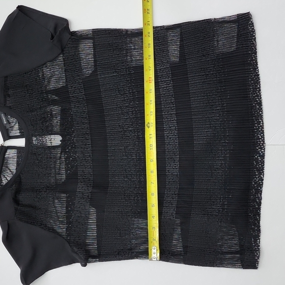 RW&CO Women's Black Sheer Lace Top Subtle Stripes Capped Short Sleeves Sz Small - Picture 16 of 16